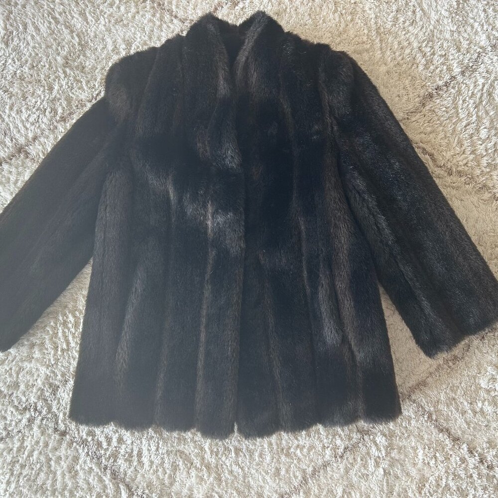 Luxe Black Faux Fur Jacket with Red Satin Lining (Small)